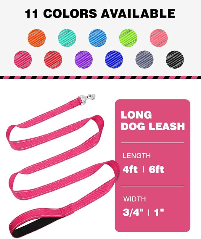 4FT Reflective Nylon Dog Leash with Soft Padded Handle for Walking, Running and Training, Supports Small Medium and Large Dogs (Hotpink, 1 Inch Wide)