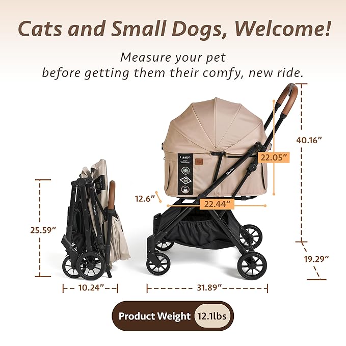 FikaGO-FTG2 Luxury Pet Stroller Lightweight Fast Folding - 44lbs Load Capacity, Pet Stroller Carriage for Small Medium Sized Pet, Portable Safety Pet Carrier or Pet Crate for Travel Gear