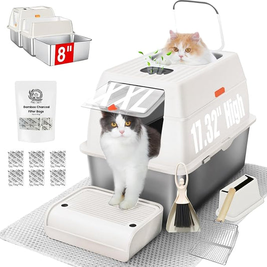 Fully Enclosed XXL Stainlessss Steel Litter Box with Lid, 8" Deep Pan, Large Stainless Steel Cat Litter Box for Big Cat with Scoop, Step Board, Mat, Brush, Odor-Free, Anti-Leak, Non-Stick (White)