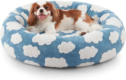 JOEJOY Donut Cat Beds for Indoor Cats, Round Calming Small Dog Bed with Removable Washable Cover, Orthopedic Cute Puppy Kitten Pet Bed with Jacquard Shaggy Plush & Non Skid Bottom, Black