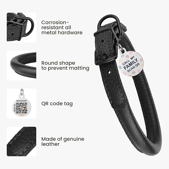 Rolled Leather Dog Collar Soft Round Collars, ID Tag for Small Medium Large Dogs (11-14 inch, Black Midnight)