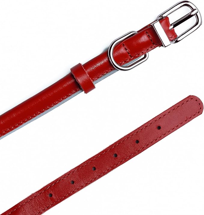 OOPSDOGGY Rolled Leather Dog Collar Reflective Roll Collars for Small Medium Large Dogs Puppy (Red, M, 12''- 15'')