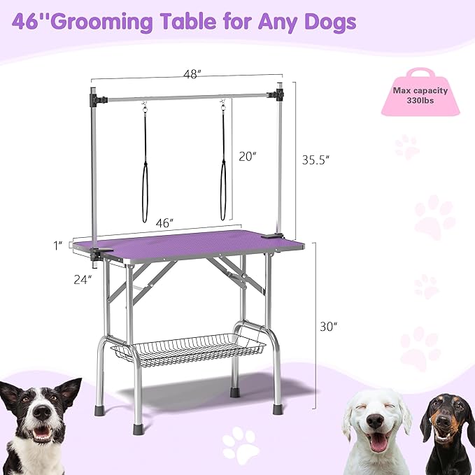 Lyromix Dog Grooming Table, Adjustable Large Pet Drying Desktop, Foldable Bathing Desk with Arms, Noose, Mesh Tray, Maximum Capacity Up to 330Lb
