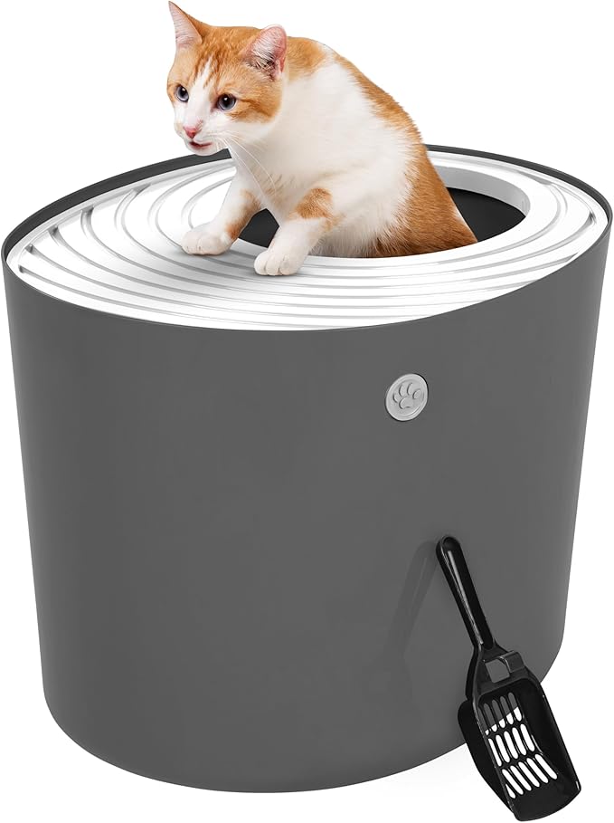 IRIS USA Cat Litter Box, Large Top Entry with Litter Catching Lid and Scoop, Dog Proof, Cat Box Enclosure, Dark Gray/White