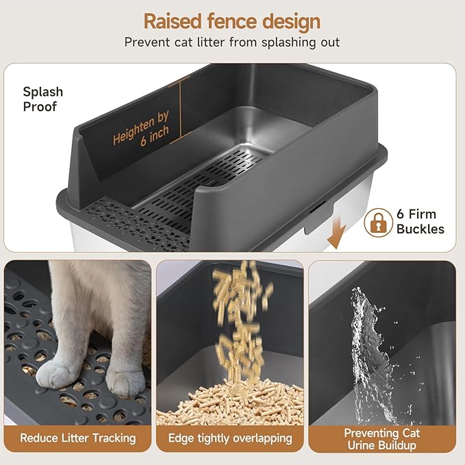 XL Stainless Steel Sifting Cat Litter Box with Lid, Sifting Litter Box for Pine Pellets, Metal Litter Pan with Scoop, Pad, Liners, High Sided Enclosure, Odor Control, Anti-Leakage