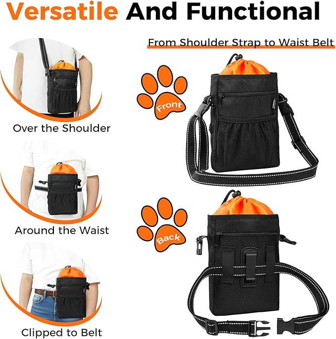 Aosbos Dog Treat Pouch with Built-in Poop Bag Dispenser & Easy-Clean Liner - Dog Training Treat Bag with Reflective Strap & Belt Clip, Black Orange