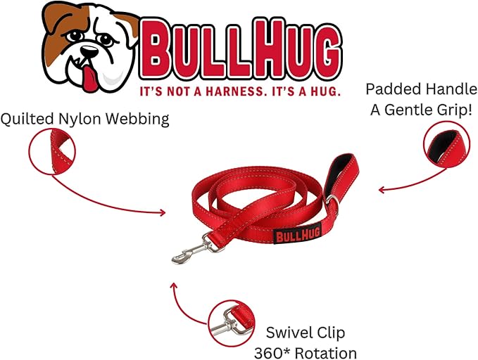 BULLHUG 6 FT Bulldog Leash with Padded Handle. Perfect for Bulldogs, French Bulldogs, Pugs & All Breeds. Leashes for Walking, Training Lead for Bulldogs (Reflective Stitching, Bright RED)