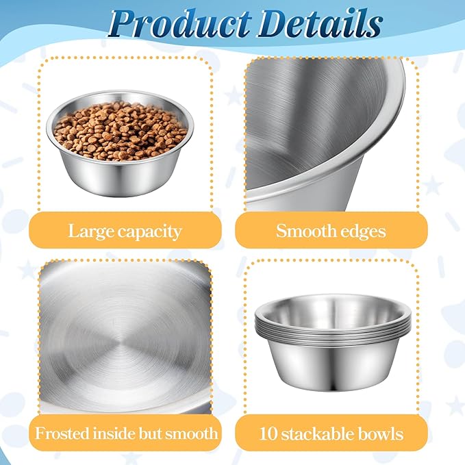 10 Pcs Stainless Steel Dog Bowls Bulk, 6.9 Inch Thickened Metal Food and Water Dish Basic Pet Feed Bowl Replacement Pet Bowls for Dogs Cats(29 Oz, Dishwasher Safe)