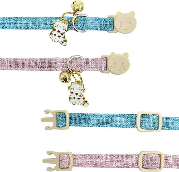 Elegant little tail 2 Pack Cat Collar- Pink&Blue Linnet Cat Collars Breakaway with Bell Pendant Wedding Kitten Boy Girl Safety Adjustable 7-12 Inch Collar for Small Cats Puppy
