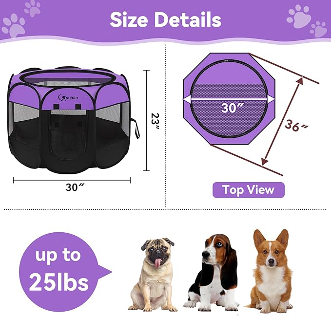 Dog Playpen, Puppy Pet Playpen, Dog Crate Tent Cage Indoor/Outdoor, Portable Pop Up Dogs Kennel Playpen with Carrying Case for Dogs/Cats/Rabbits, Purple, Medium