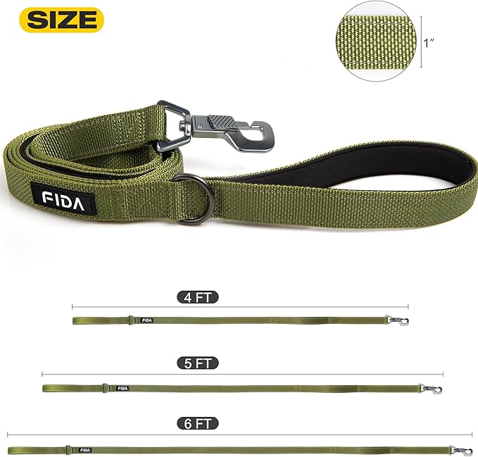 Fida 4 FT Heavy Duty Dog Leash with 2 Comfortable Padded Handles, Traffic Handle & Advanced Easy Snap Hook, Reflective Walking Lead for Large, Medium & Small Breed Dogs, Green