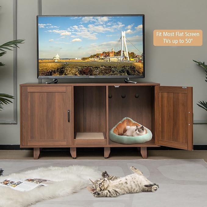 Tangkula Double Cat Litter Box Enclosure for 2 Cats, Large Stackable Hidden Privacy Cat Washroom Cabinet with Scratching Board, Indoor Cat House TV Stand Side Table, Litter Box Furniture (Brown)