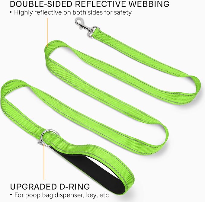 Joytale Double-Sided Reflective Dog Leash, 6 FT/5 FT/4 FT, Padded Handle Nylon Heavy Duty Leashes for Small & Medium Dogs Walking, Green, 6FT