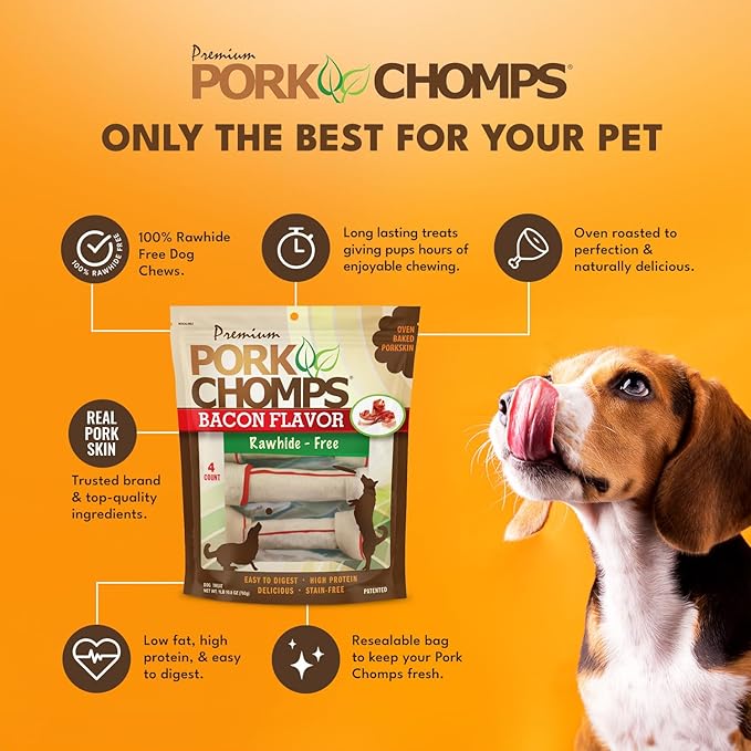 Pork Chomps Baked Pork Skin Dog Chews, 11-inch Knots, Bacon Flavor Strip, 4 Count