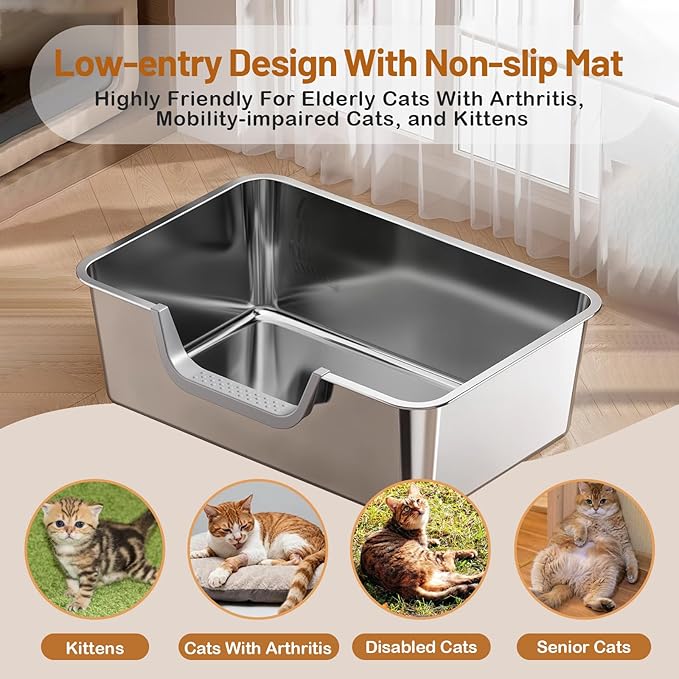 XL Stainless Steel Cat Litter Box, Leak Proof 7.9 Inch High Sides Metal Litter Pan Tray, No Stick No Slip Easy Clean Low Entry Litter Boxes for Older Senior Big Cats, Kittens, 23.6"×15.7", Silver