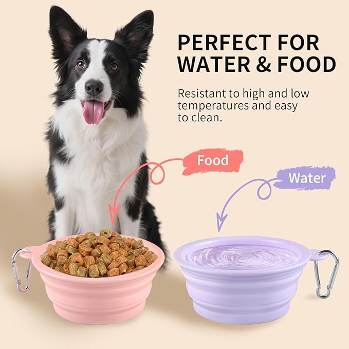 Collapsible Dog Bowls 2-Pack, Portable Travel Dog Bowl with Carabiner, Food-Grade Silicone Pet Bowl for Hiking, Walking (22 OZ Macaron Pink and Violet)
