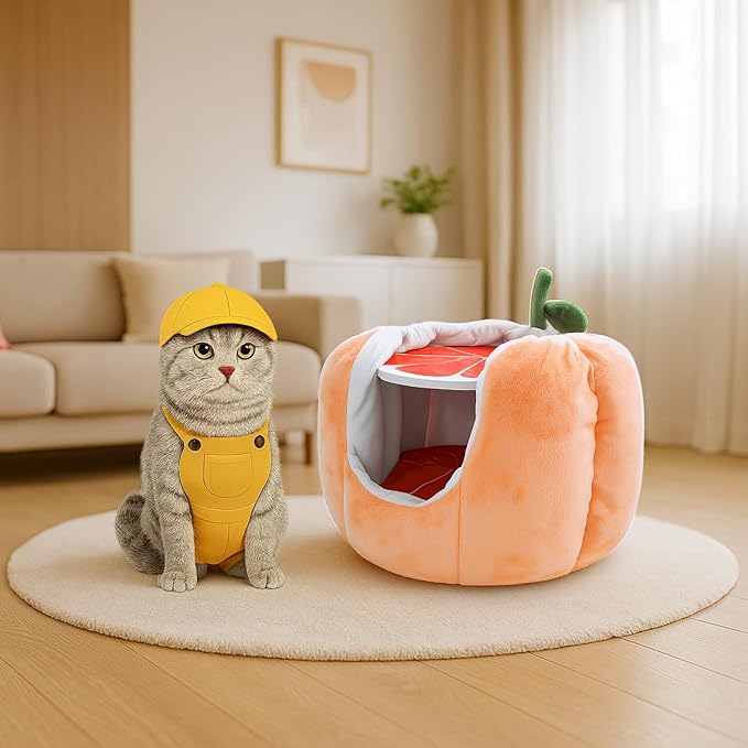 Cat Houses for Indoor Cats, Small Cat Tree with Sisal Ropes and Plush Perch, Cute Cat Bed Cave with Soft Pillow, Grapefruit Design