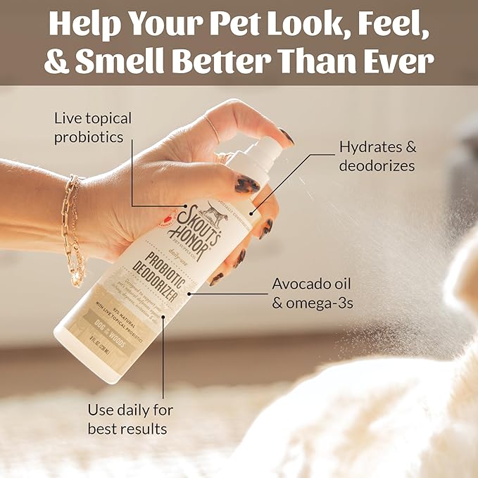 SKOUT'S HONOR Probiotic Pet Deodorizer Spray- Hydrating Daily-Use with Avocado Oil & Omega-3s, Microbiome Friendly Certiified, Paraben & Sulfate-Free, 97% Natural, 8oz, Dog of The Woods, 2-Pack