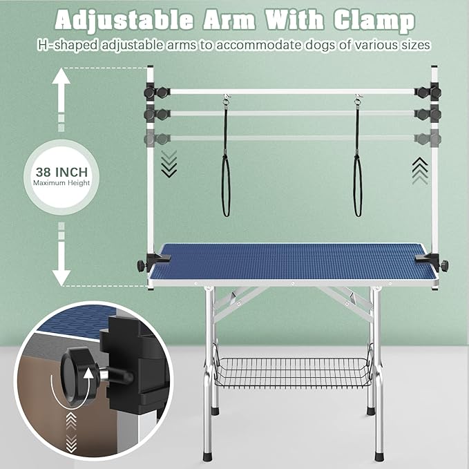 Lyromix Dog Grooming Table For Large Dog, 46'' Adjustable Pet Grooming Table, Foldable Dog Grooming Station With Arms, Noose, Mesh Tray, Maximum Capacity Up to 300Lb, Blue