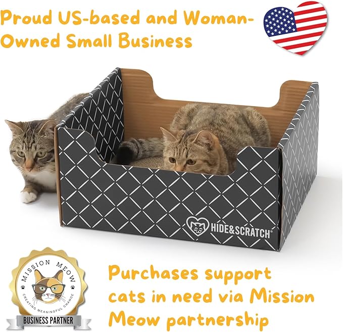 HIDE & SCRATCH Cardboard Cat Scratcher; Cat Scratcher Box and Bed with Refillable Double-Sided Cardboard Scratch Pad for Indoor Cats (2 Cat Pack)