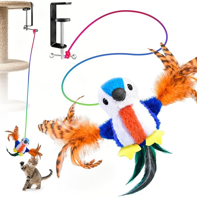 Cat Toys Rechargeable, Multi Functions Flapping Bird Parrot, Lifelike 4 Animal Sounds, Touch/Timed Automatic Activate Interactive Exercise Kicker Kitten Toys for Indoor All Breeds with Catnip
