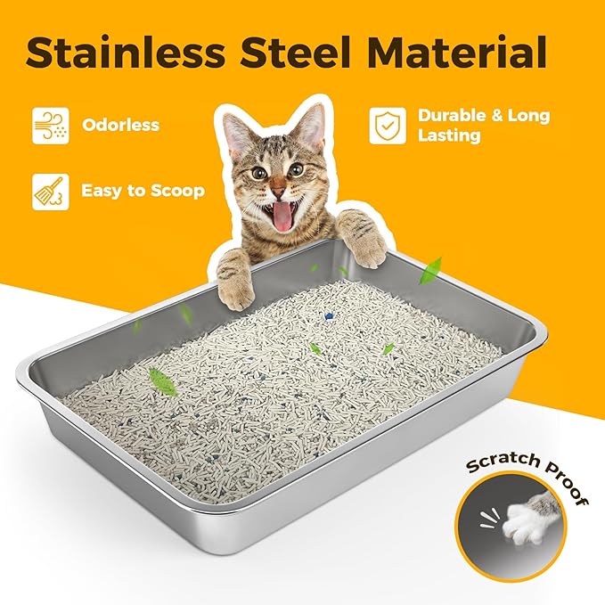LIHONG Stainless Steel Cat Litter Box,Large Metal Litter Box for Small Cats Hamster Rabbits,No Smell,Non Stick,Easy to Clean(24" Lx16 Wx4 H,L)