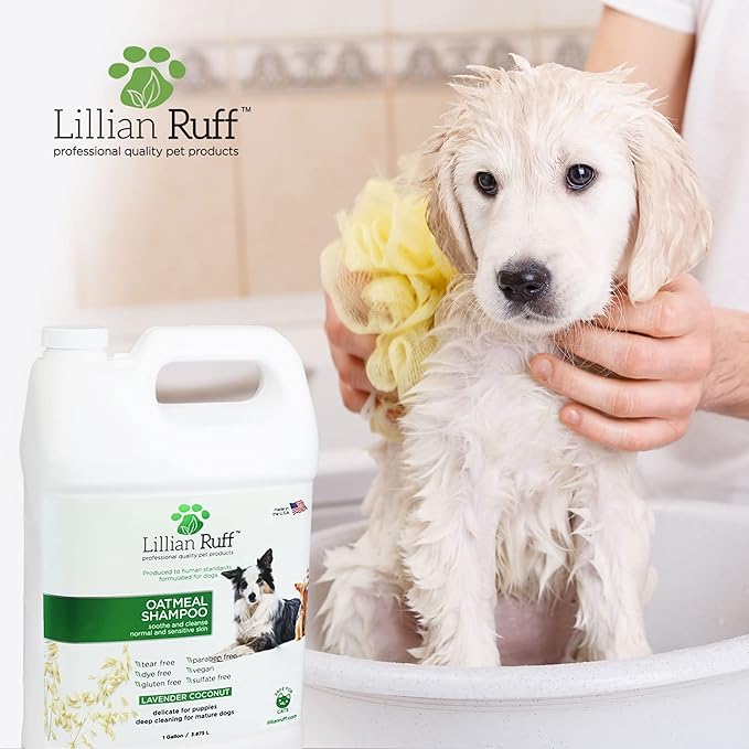 Lillian Ruff PRO Formula Deodorizing Oatmeal Dog Shampoo - Calms Itching & Allergies, Ultra-Nourishing Dry Skin Relief - Oatmeal, Aloe, Coconut Oil, Lavender & Provitamin B5 - Made in USA (Gallon)