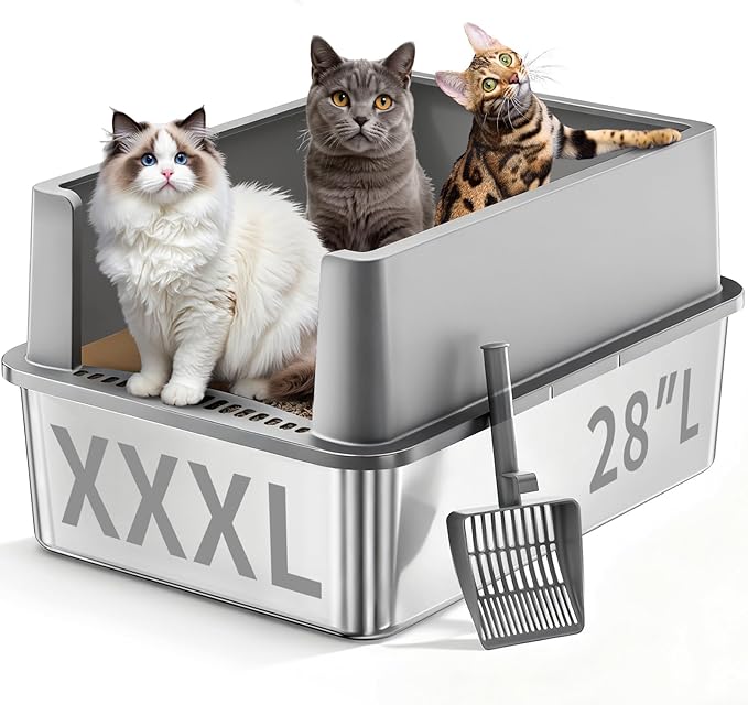 Extra Large Stainless Steel Cat Litter Box with Lid – Large Capacity for Big & Multiple Cats, Anti-Leakage, Non-Stick Surface for Easy Cleaning, Odor-Resistant, Include Scoop