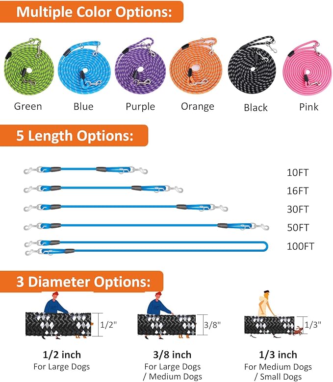 2 Pack Orange&Black 20FT Long Dog Leashes,Heavy Duty Dog Tie Out Leads for Large Medium Small Dogs Outside Walking, Playing, Camping, or Yard