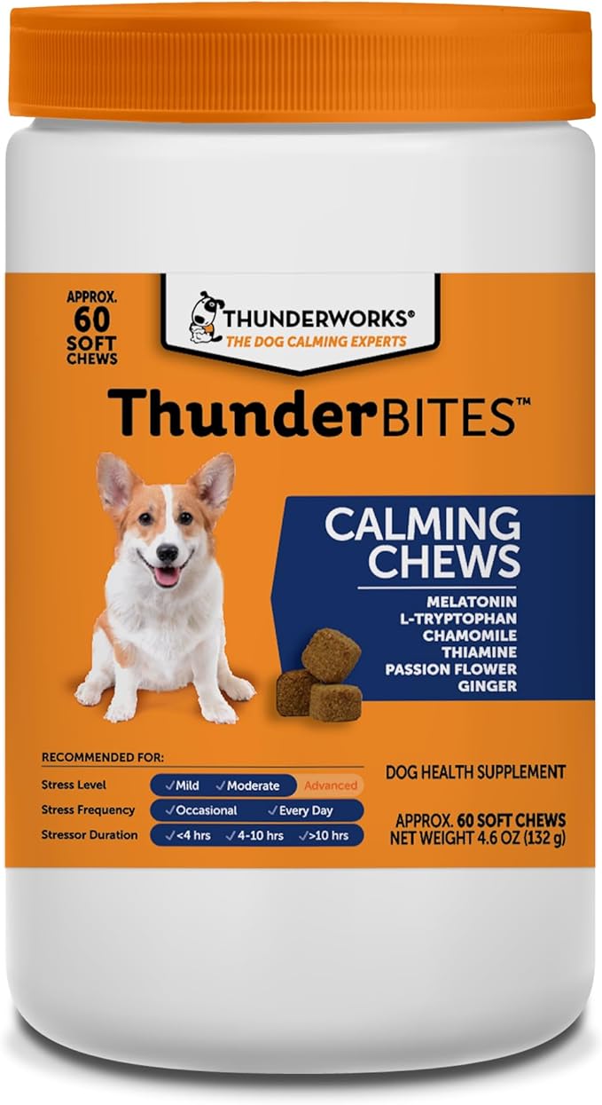 ThunderWunders Dog Calming Chews | Thiamine, L-Tryptophan, Melatonin and Ginger | Can Help Relieve Stress from Separation, Storms, Fireworks & Travel (60 Count)