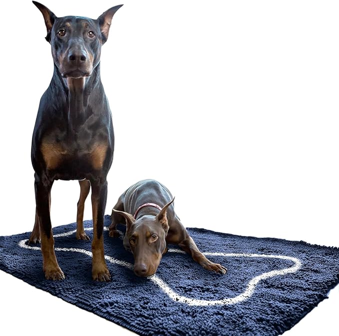 Soggy Doggy Doormat with Bone Design - Ultra Absorbent Microfiber Chenille Wet Dog Mat for Muddy Paws - Non-Slip and Machine Washable (Navy Blue/Oatmeal Bone, Extra-Large 36” x 60”)