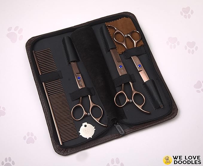 Dog Grooming Scissors Kit - Best Tools For Goldendoodles, Poodles & Doodles - Straight, Curved & Thinning Shears - Golden Doodle Grooming Kit - Professional Grade Steel, 4 Pc Set [We Love Doodles]