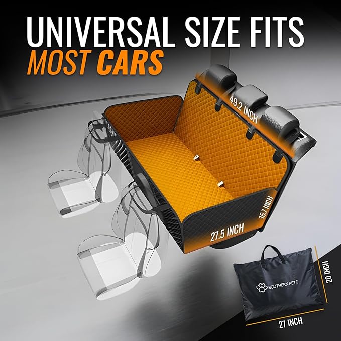 Back Seat Extender for Dogs with Waterproof Cover Hard Bottom Includes Pet Hair Remover and 2 Safety Straps Ideal for Large Cars and SUVs Perfect for Travel Road Trips Car Pet Bed Dog Seat Protector