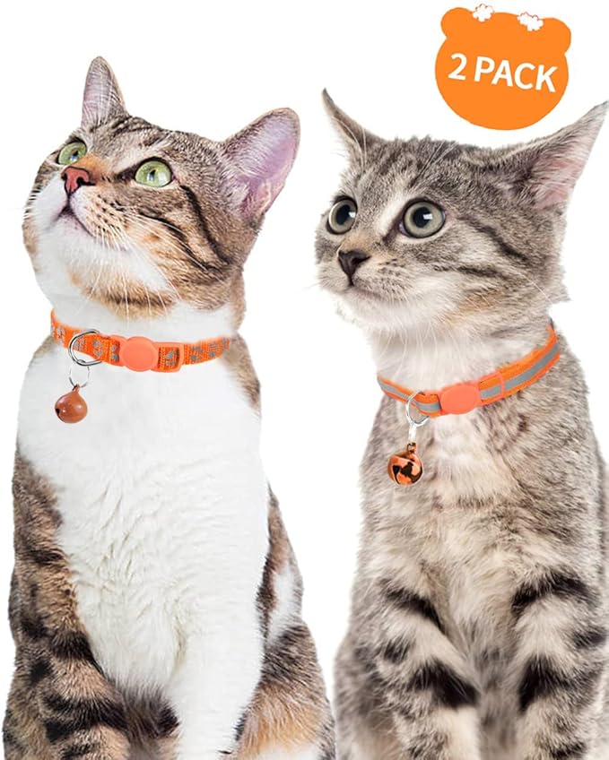 Taglory Reflective Cat Collar Breakaway with Bells, 2 Pack Girl Boy Pet Cat Collar Adjustable 7.5-12.5 Inch, Orange