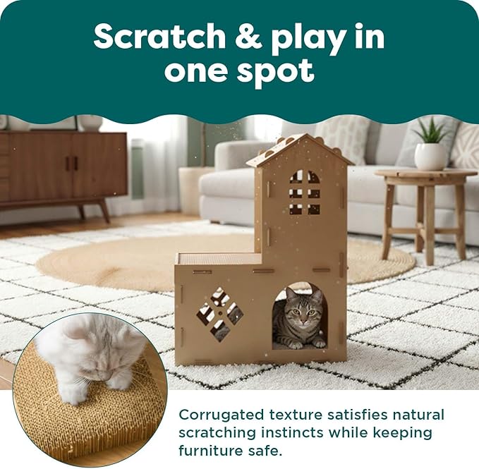 FurHaven Castle Tower Multi-Level Cardboard Cat House for Indoor Cats with Catnip & Toys, Double-Walled Corrugated Scratcher Designed for Lounging, Play & Comfort, One Size, Cardboard, Brown