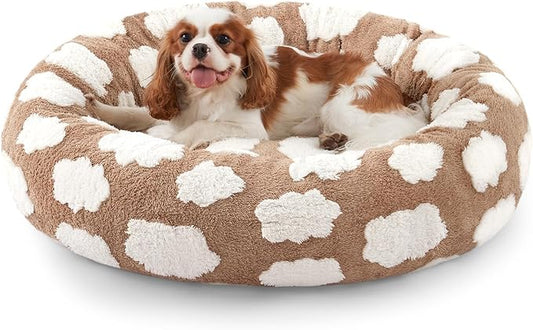 JOEJOY Donut Cat Beds for Indoor Cats, Round Calming Small Dog Bed with Removable Washable Cover, Orthopedic Cute Puppy Kitten Pet Bed with Jacquard Shaggy Plush & Non Skid Bottom, Black
