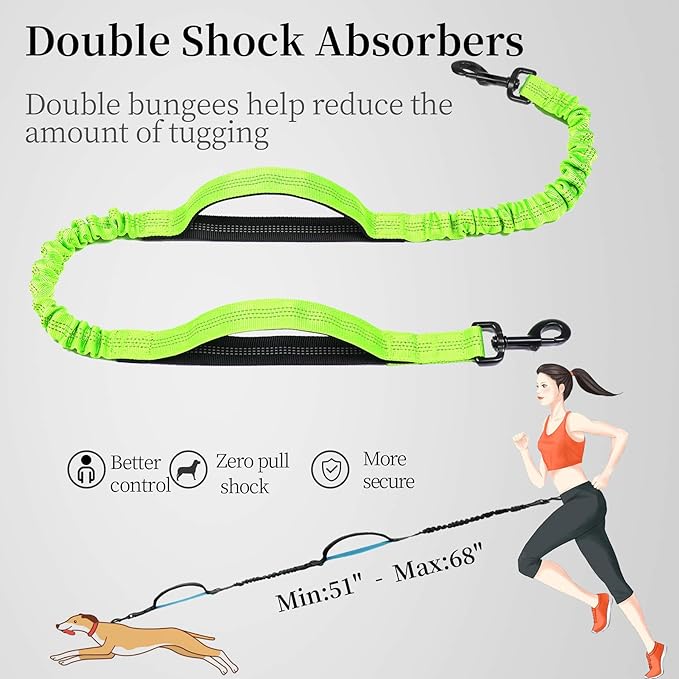 iYoShop Hands Free Dog Leash with Zipper Pouch, Dual Padded Handles and Durable Bungee for Walking, Jogging and Running Your Dog (Large, 25-120 lbs, Green)