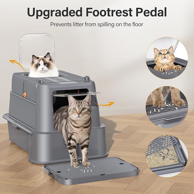 Enclosed Stainless Steel Cat Litter Box with Lid，XL Large Metal Cat Box with Drawer for Big Cats,Top Exit Kitty Litter Box Includes Scoop, Filter Pedal,Odor Control, Easy Cleaning