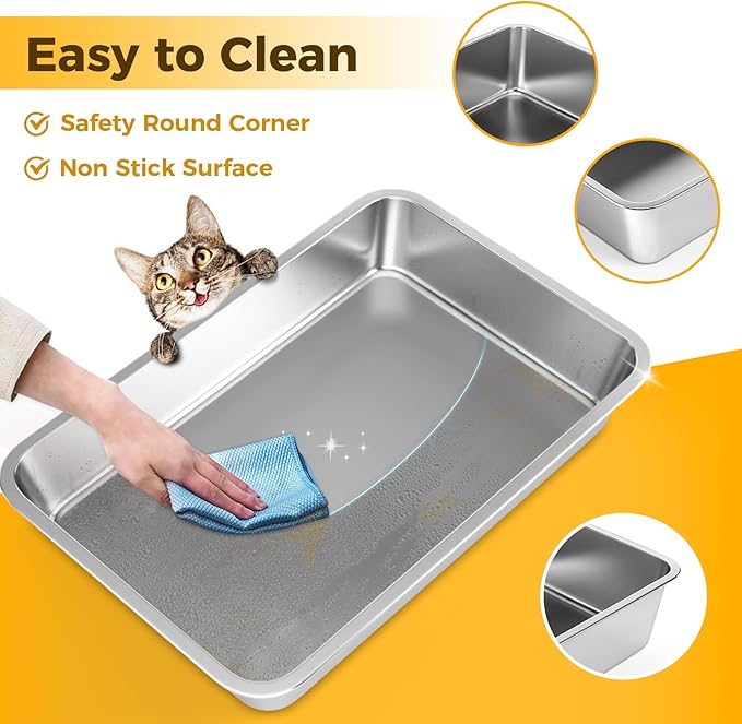 LIHONG Stainless Steel Cat Litter Box,Large Metal Litter Box for Small Cats Hamster Rabbits,No Smell,Non Stick,Easy to Clean(24" Lx16 Wx4 H,L)