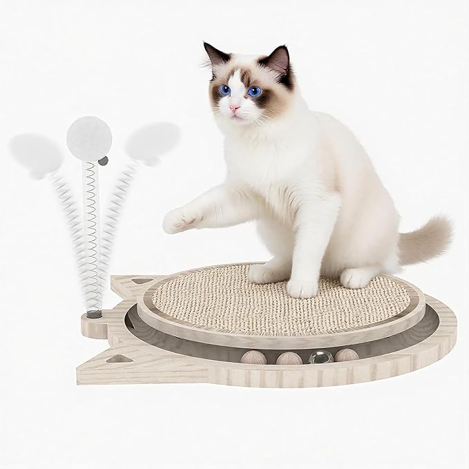 Cat Scratcher Board with Natural Sisal, Interactive Cat Track Toy with Spring Ball – Durable Kitten Scratching Pad for Indoor Cats, Kitty Wooden Cat Toy Stress Relief & Fun Exercise