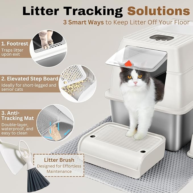 Fully Enclosed XXL Stainlessss Steel Litter Box with Lid, 8" Deep Pan, Large Stainless Steel Cat Litter Box for Big Cat with Scoop, Step Board, Mat, Brush, Odor-Free, Anti-Leak, Non-Stick (White)