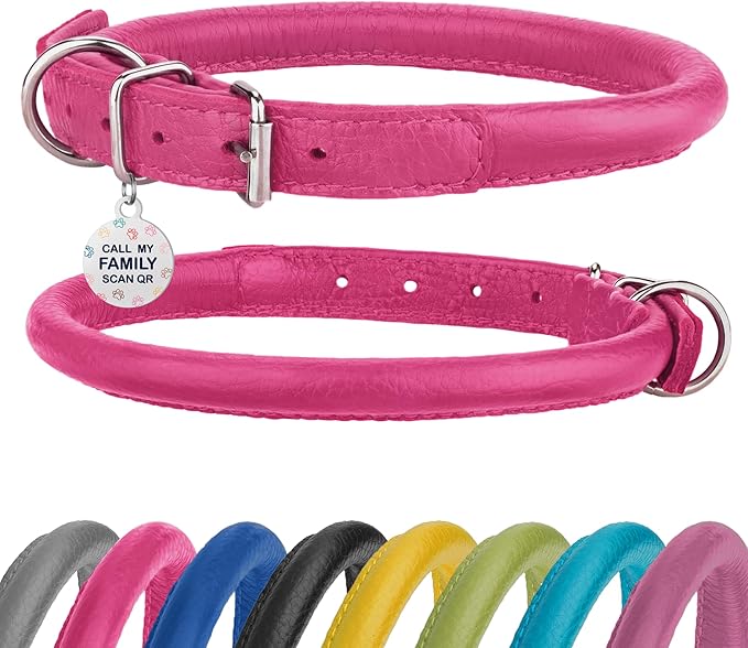 Rolled Leather Dog Collar Soft Round Collars, ID Tag for Small Medium Large Dogs (11-14 inch, Pink & Silver Buckle)