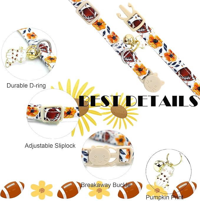 Elegant little tail Fall Cat Collar-2 Pack Pumpkin with Rugby Print Cotton Breakaway Cat Collars with Bell Pendant Kitten Boy Girl Safety Adjustable Collar for Small Cats Puppy