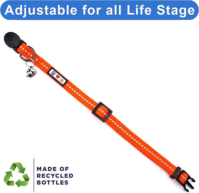 Pawtitas Recycled Cat Collar with Reflective Stitched and Safety Buckle Removable Bell Reflective Cat Breakaway Collar Made from Plastic Bottles - Orange Habanero Cat Collar.