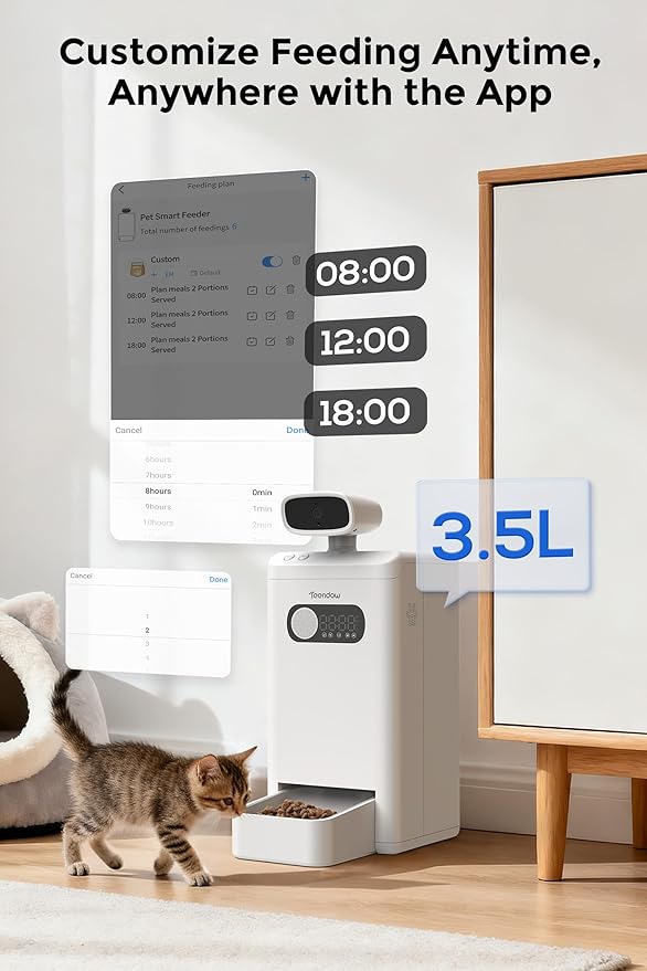 Teendow XLY-M1 Automatic Cat Feeder with Camera, 3.5L Cat Food Dispenser, AI Subscription Pet Feeder 4MP HD Video with Night Vision Timed Feeding Dry Food for Dog APP Control 5G WiFi