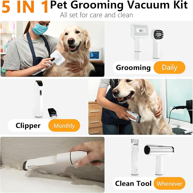 FOTING 5-in-1 Dog Grooming Vacuum, 12000Pa Dog Clippers & Shedding Brush Grooming Cleaning Tools Pet Grooming Vacuum, 2 Suction Levels
