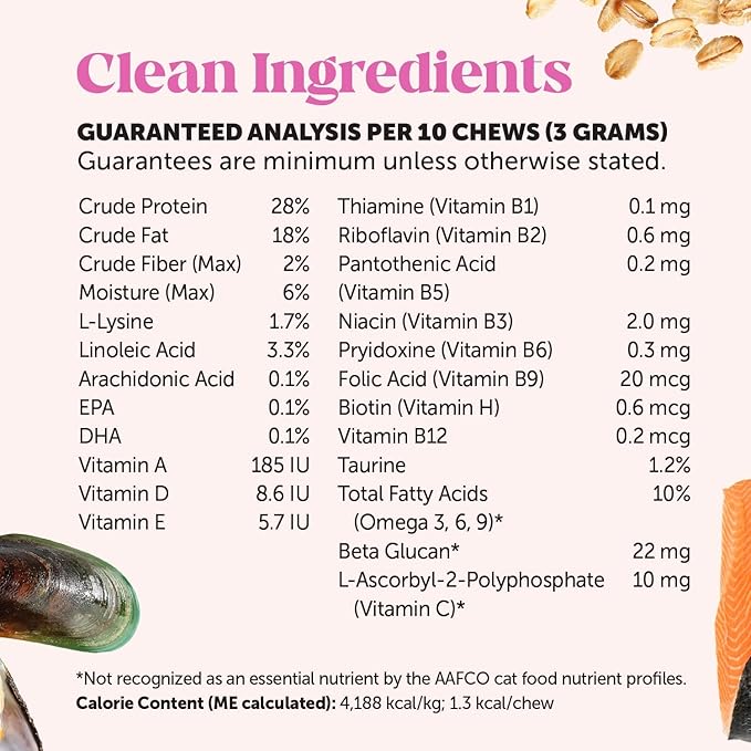 Cat Multivitamin Crunchy & Creamy Chews - Cat Treats for Health + Immune, Joint Support, Skin & Coat, & Digestion - Vitamins with Omega 3s, Lysine & Probiotics (30 Day Supply)