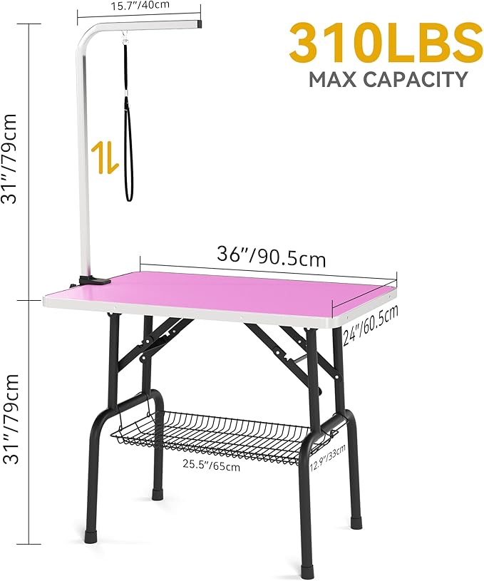 DWVO 36'' Dog Grooming Table, Foldable Pet Grooming Table with Adjustable Arm, Loop, and Mesh Tray, Non-Slip Portable Dog Bathing Station, Pink