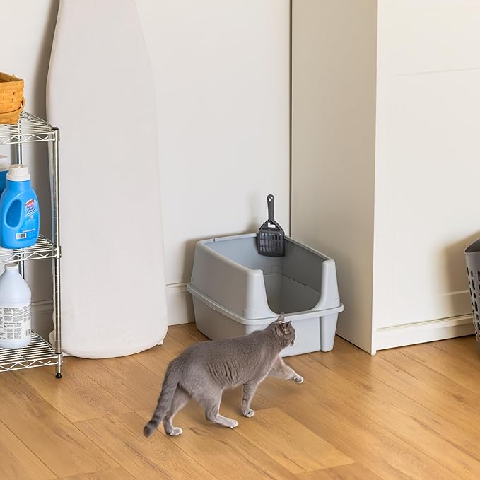 IRIS USA Large Cat Litter Box with Scatter Shield and Scoop, Open Top High Sided Cat Litter Pan, Silver