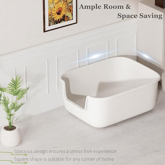 Vealind Large Cat Litter Box High Sided and Side Entry Cat Litter Pan 50 x 40 x 22 CM, Anti-Splashing Deep Tall Cat Boxes for Indoor Cats Basics Kitty Litter Box (White)